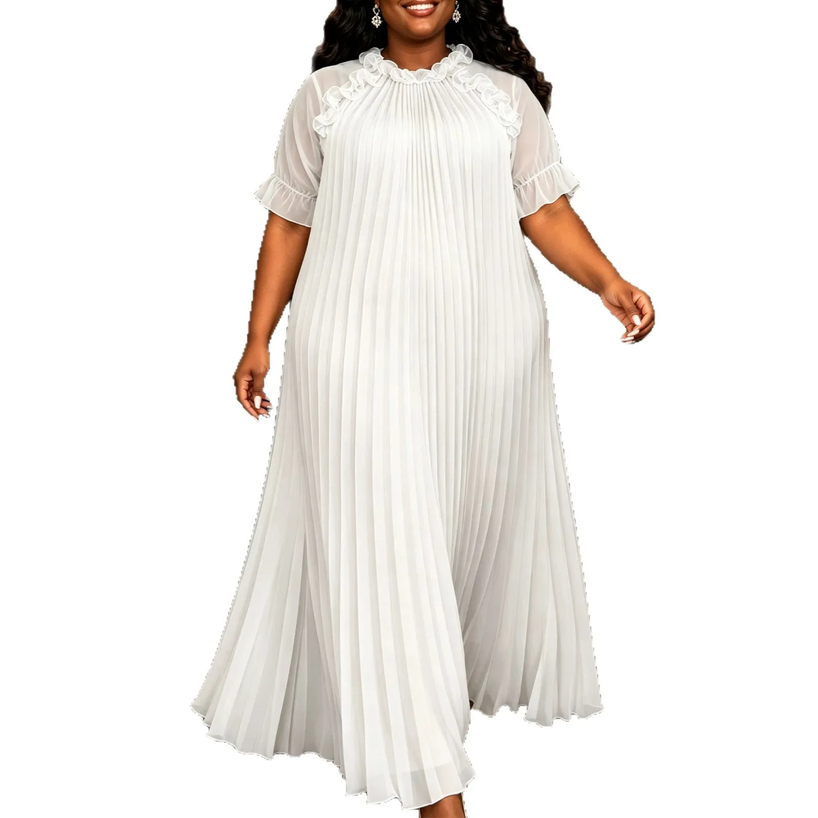 L-4XL Weiß Schwarz Plus Size Afrikanische Kleider für Damen Sommer Afrikanisches Halbarm O-Ausschnitt Polyester Plissiertes Langes Maxikleid