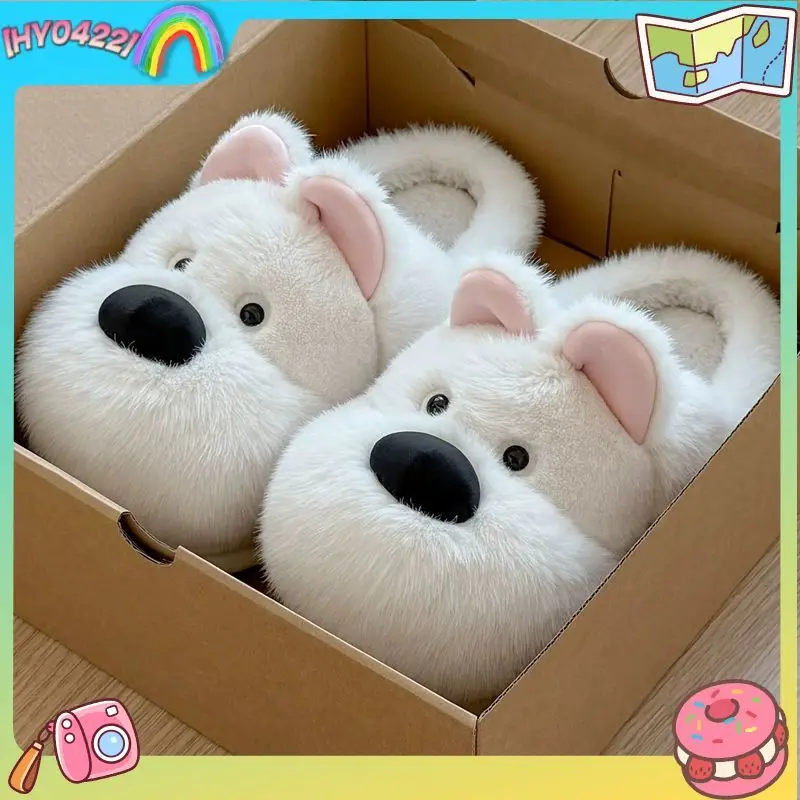 

Cute West Highland Plush Slippers Women'S Winter Anti-Slip Couple Thick Bottom Warm Fleece Lined Dog Pattern Home Slippers