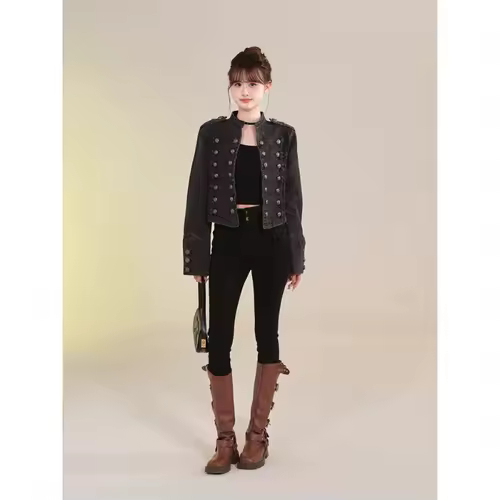 Women's Clothing Short Coat New Jeans Jacket Retro Button Design Slim Stand-up Collar Long Sleeves Denim Top Jacket Short Coat - Image 6