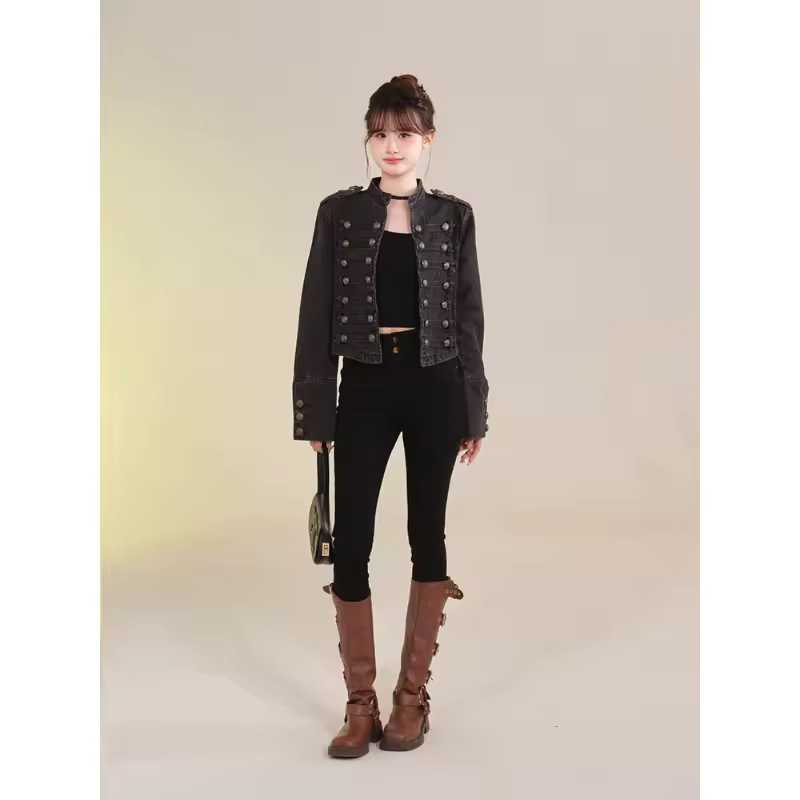 Women's Clothing Short Coat New Jeans Jacket Retro Button Design Slim Stand-up Collar Long Sleeves Denim Top Jacket Short Coat - Image 6