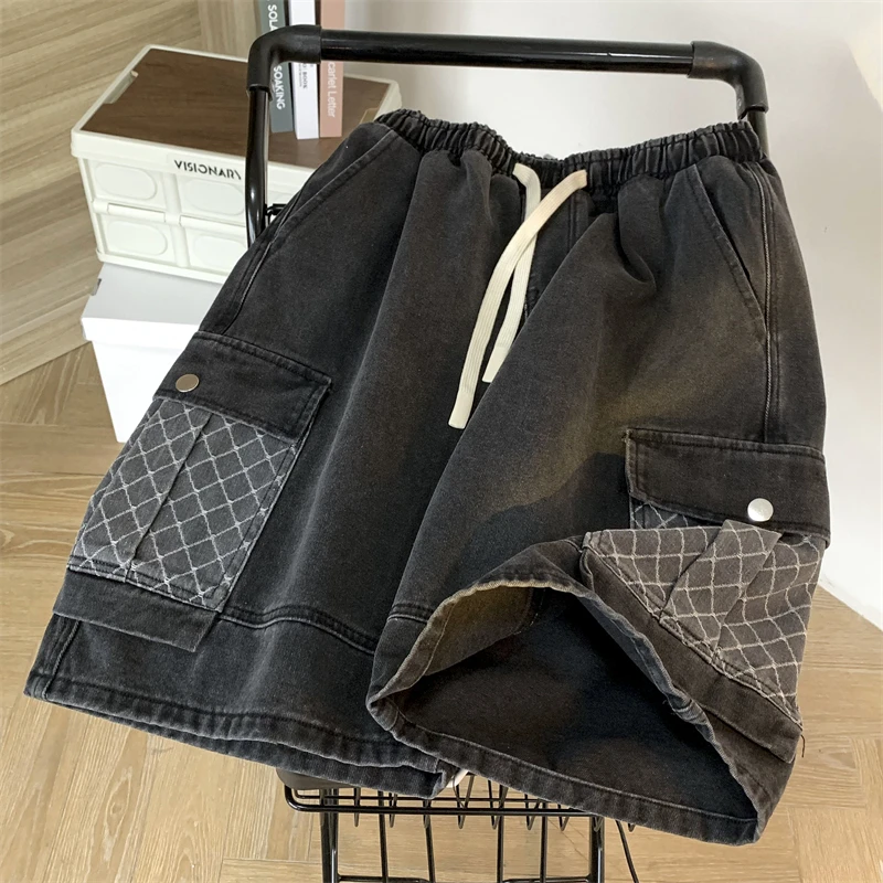 

Loose Straight Leg Men's Workwear Denim orts American Retro Summer Jeans mid Waist Zipper Fly Five Inches Youth Faion