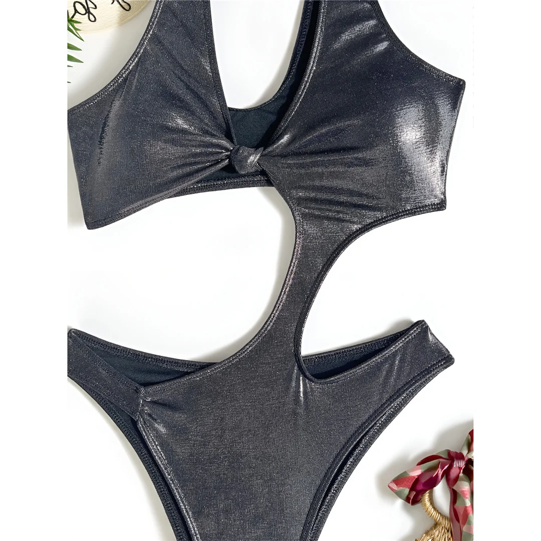S - XL Asymmetrischer Badeanzug aus Kunstleder mit Knotenmuster für Damen, einteiliger Badeanzug, hoher Beinausschnitt, Badebekleidung, Badeanzug, Modell V7995 – Detail 7