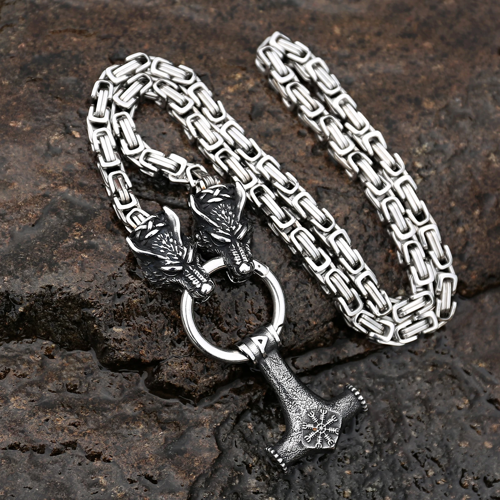 New Arrival Stainless Steel Wolf Heads Thor's Hammer Pendant King Chain