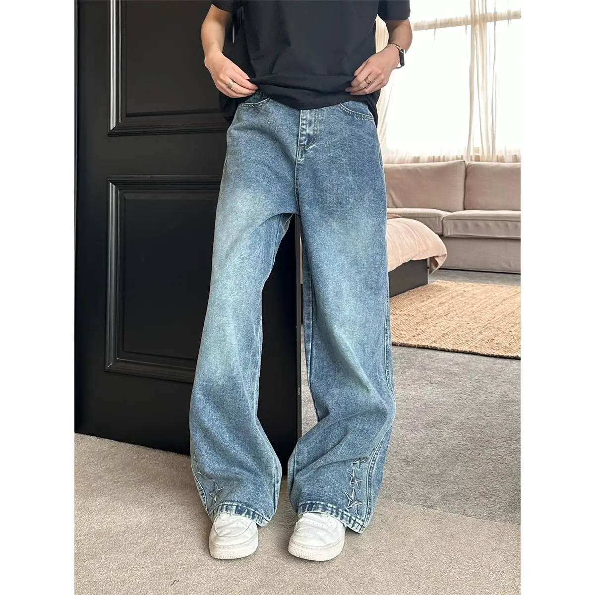 

Джинсы Joinboy в стиле ретро с вышивкой «Звезда», свободные прямые широкие брюки, молодежные повседневные, из смесового хлопка и полиэстера