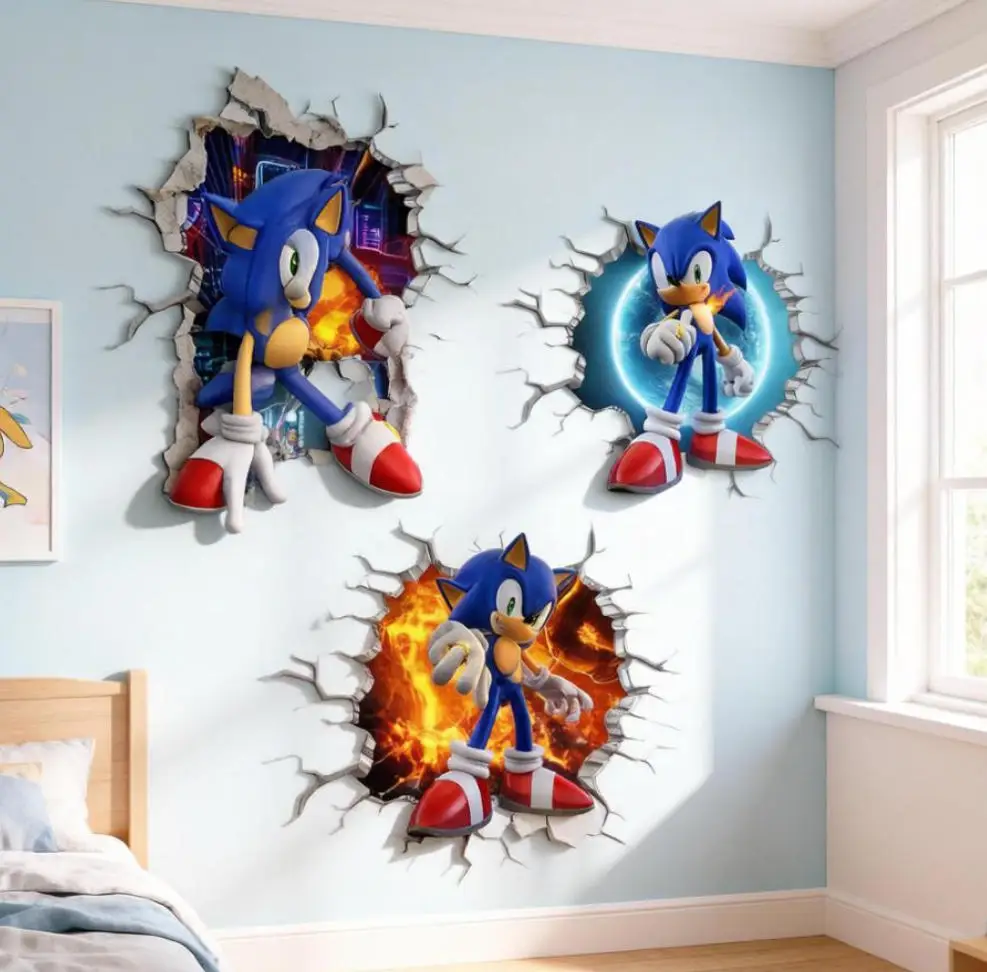 Pegatinas Decorativas para Dormitorio con Diseño de Sonic Rompiendo la Ventana, Calcomanías de Pared 3D Autoadhesivas e Impermeables de Shadow the Hedgehog para Habitaciones Infantiles, Regalos