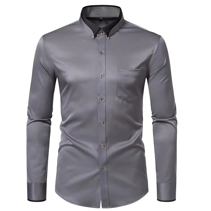 Four sided elastic shirt, men's color matching diamond buckle lapel, business casual no iron, wrinkle resistant formal shirt