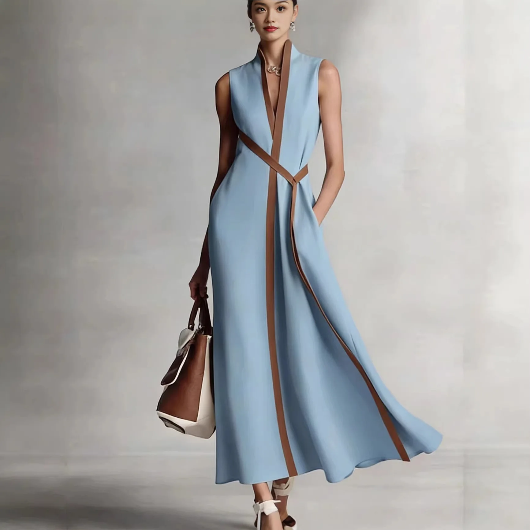 Elegant Women's Sleeveless V Neck Maxi Dress Color Block Contrast Trim Long Dress with Pockets Summer Party Banquet Vestido