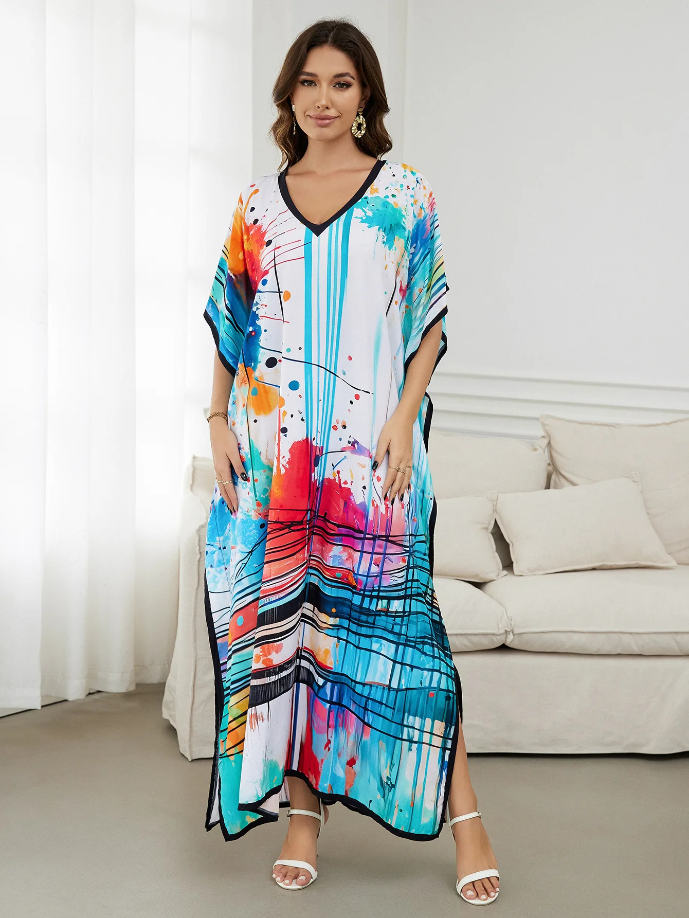 Ink Style Printed Kaftans for Women Beach Cover Up Summer Maxi Bohemian Dresses Bathing Suits Factory Supply Dropshipping