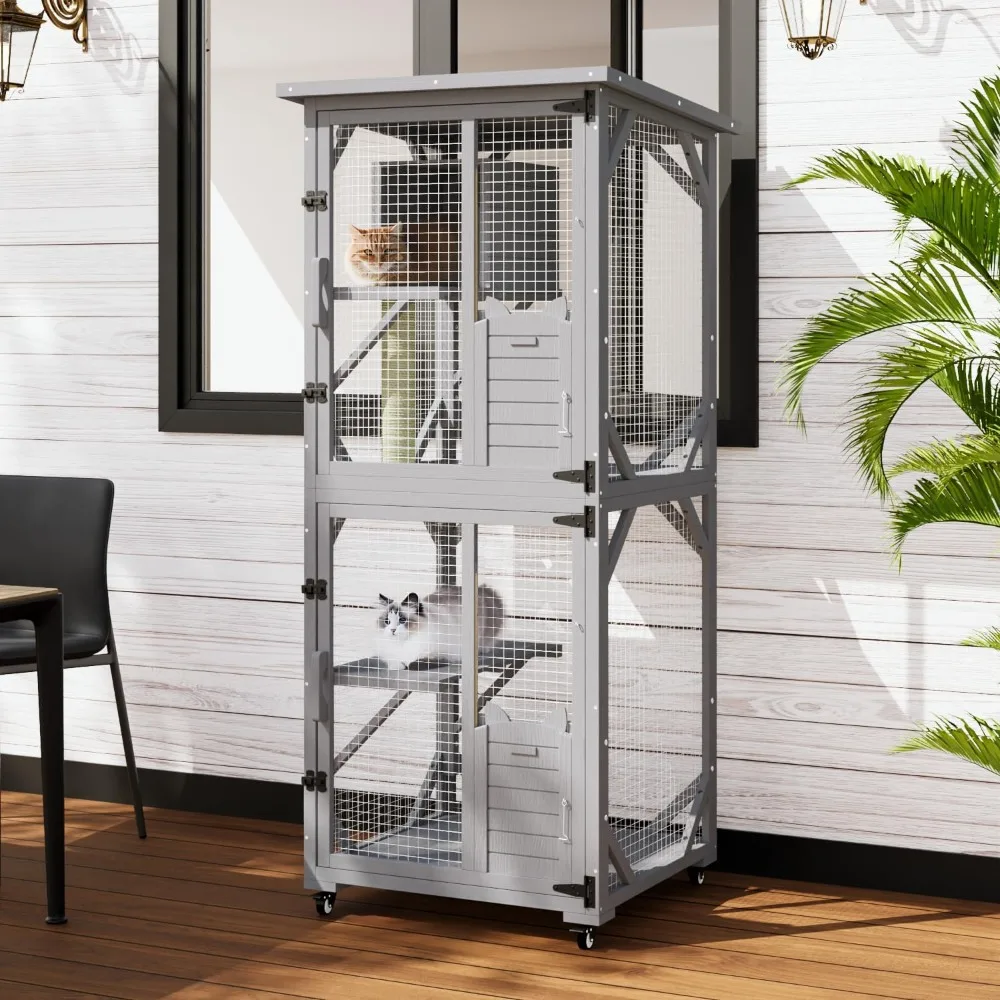 

Cat House Outdoor Catio Cat Enclosures on Wheels, 71 Large Outside Patio Wooden Cat Cage Resting Box, Scratching Post