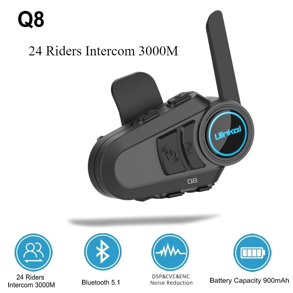 Ulinkal Q8 Motorcycle Helmet Qualcomm Headset Mesh Intercom Remote Walkie Talkie Interphone Headset for 24 Riders Bluetooth 5.1