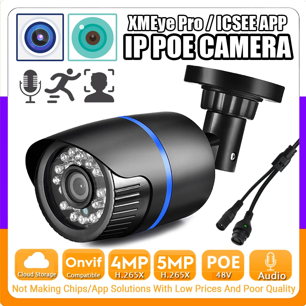 5MP 4MP Audio POE IP Camera H265 HD Full Digital Mic Waterproof Outdoor Onvif Cloud Storage Ai Face/Motion Detection ICSEE XMEYE