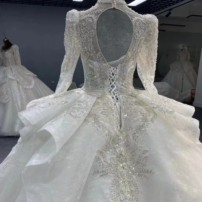 Elegant Wedding Dresses 2022 Organza Ball Gown High Neck Wedding Gown For Bride sequined Crystal MN87 Vestido De Noiva