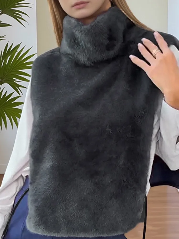 Женский однотонный утепленный меховой жилет, модное розовое свободное короткое пальто без рукавов с высоким воротом, осенняя новая шикарная уличная женская верхняя одежда