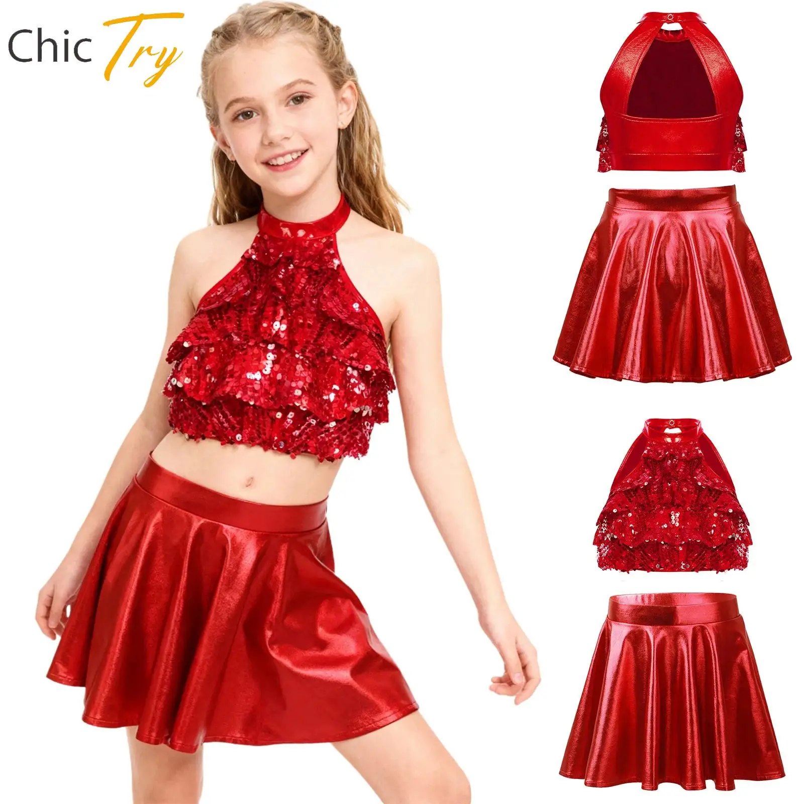 

Sparkly Sequin Jazz Hip-Hop Dancing Cheerleading Dance Outfit Kids Girls Sleeveless Crop Top+Skirt Set for Stage Performance