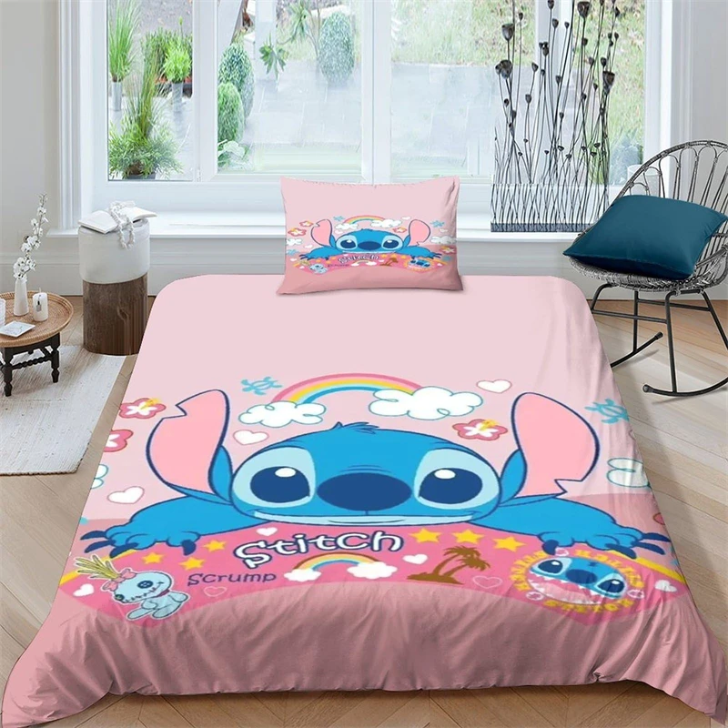 Stitch 3D Printed Bedding Set Kids and Adults Duvet Cover Soft Microfiber Cute Cartoon Pink Duvet Cover with Pillowcase Single