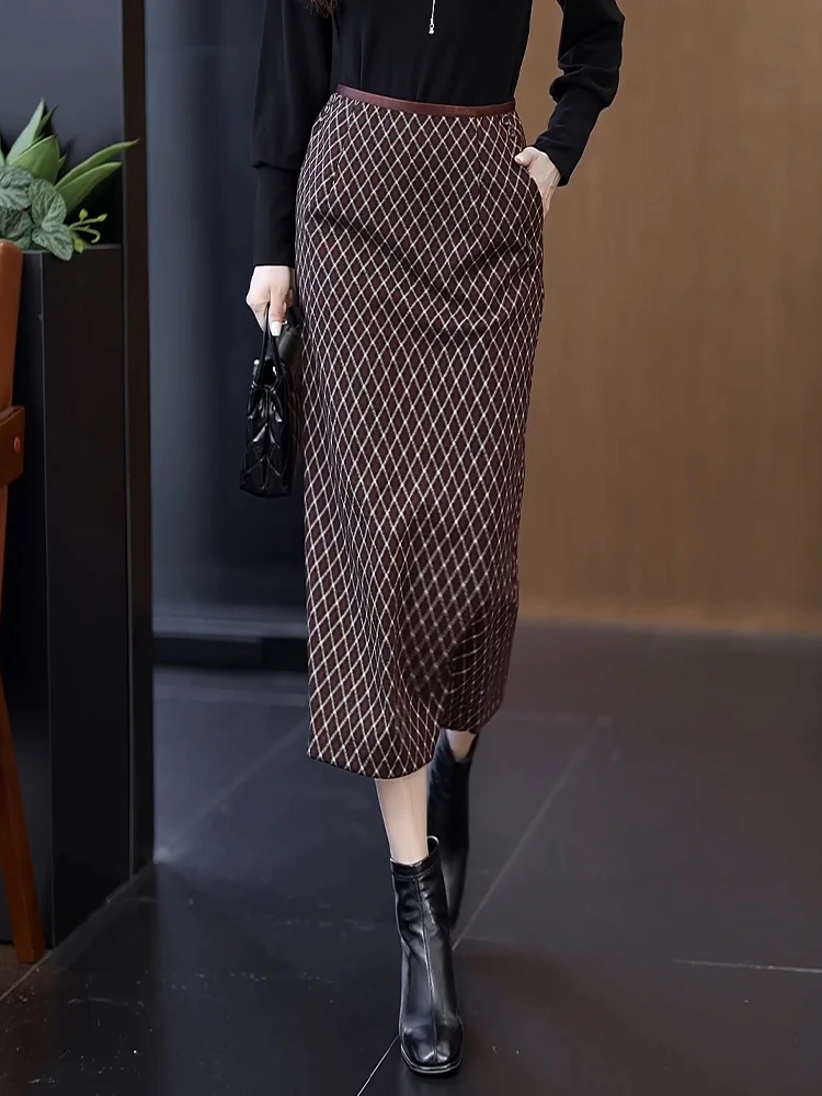 

Осенне-зимняя женская юбка-карандаш с высокой талией, в клетку, из шерсти, облегающая, в стиле Dreamy Elegance, для офиса и повседневной носки