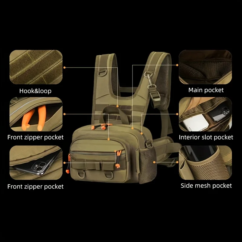 Men Tactical Fishing Backpack With Rod Holders Lure Chest Bag Gear Storage Bag Molle Outdoor Hiking Fanny Pack Hunting Rig Pouch