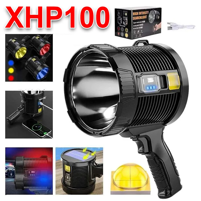 XHP100 High Power Portable Led Flashlight Outdoor Searchlight Spotlights Rechargeable Torch ABS Built-in Battery Emergency Light