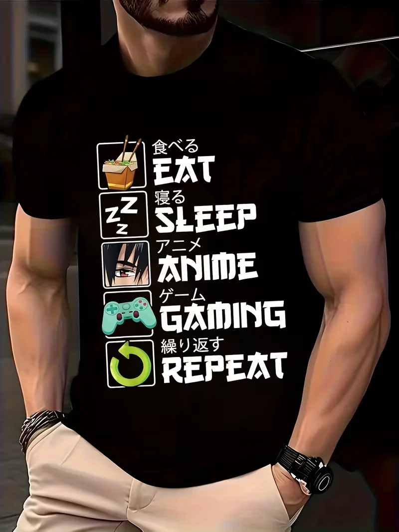 Men'S Summer Casual T-Shirt Featuring Comic-Style Eat, Sleep, Anime, Game It Has A Round Neck Short Sleeves  Casual Wear with Du