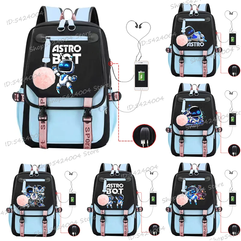 New Astro Bot Backpack Shouder for Boys Girls Astros Playroom Game Print Large Capacity Bookbag Creative Robot Usb Port Satchel