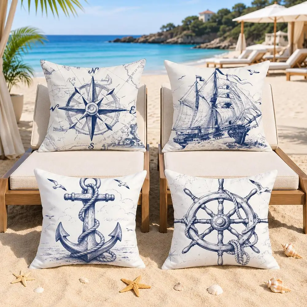 Blue Line Nautical Sketch Pack Cushion Cover Double-Sided Printed Bedroom Bedside Pillow Sofa Cushion Cover