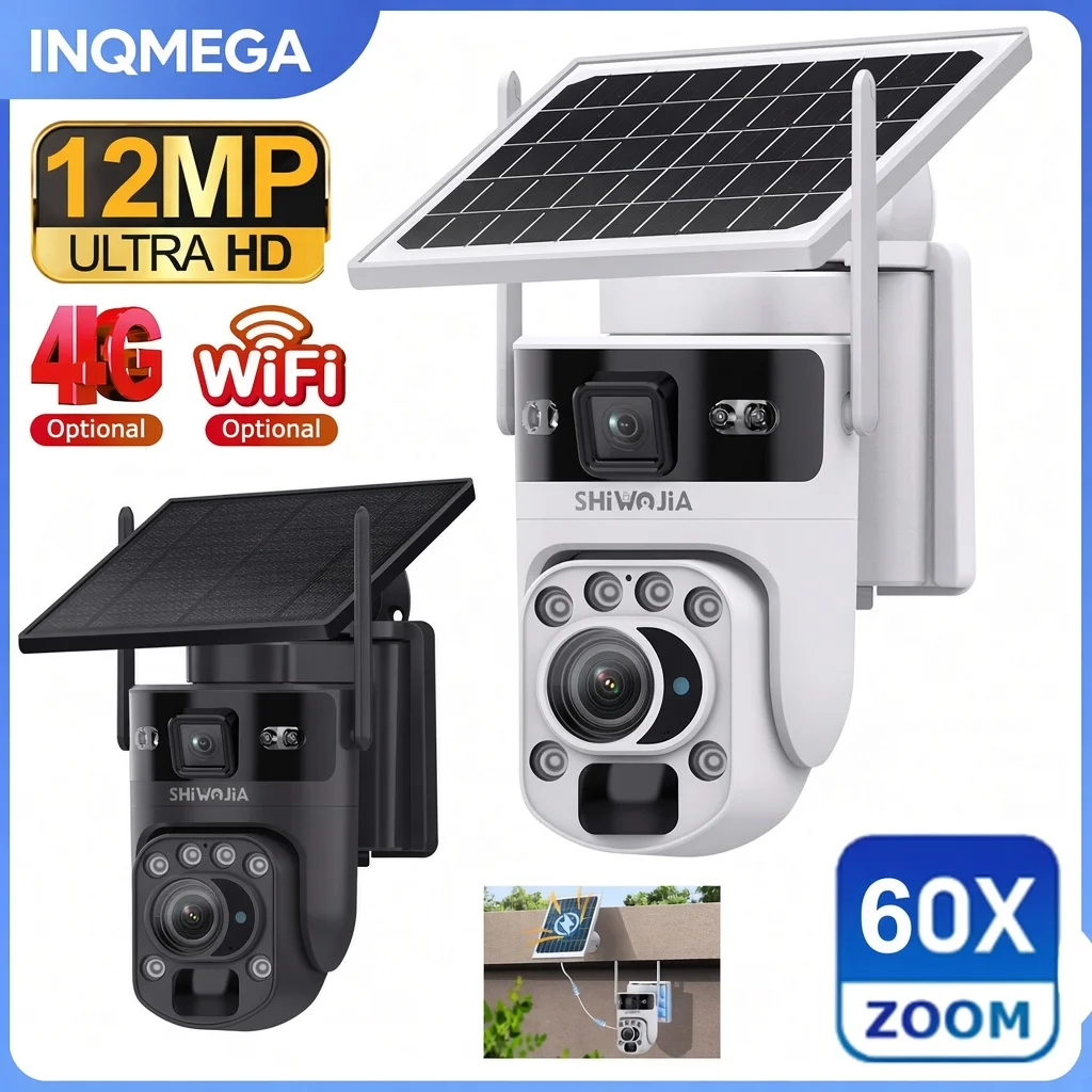 INQMEGA 12MP 60X Optics Zoom Dual Screen 4G /WIFI Solar Camera Securty Outdoor  PIR Human Detection Color Night Vision UBOX APP