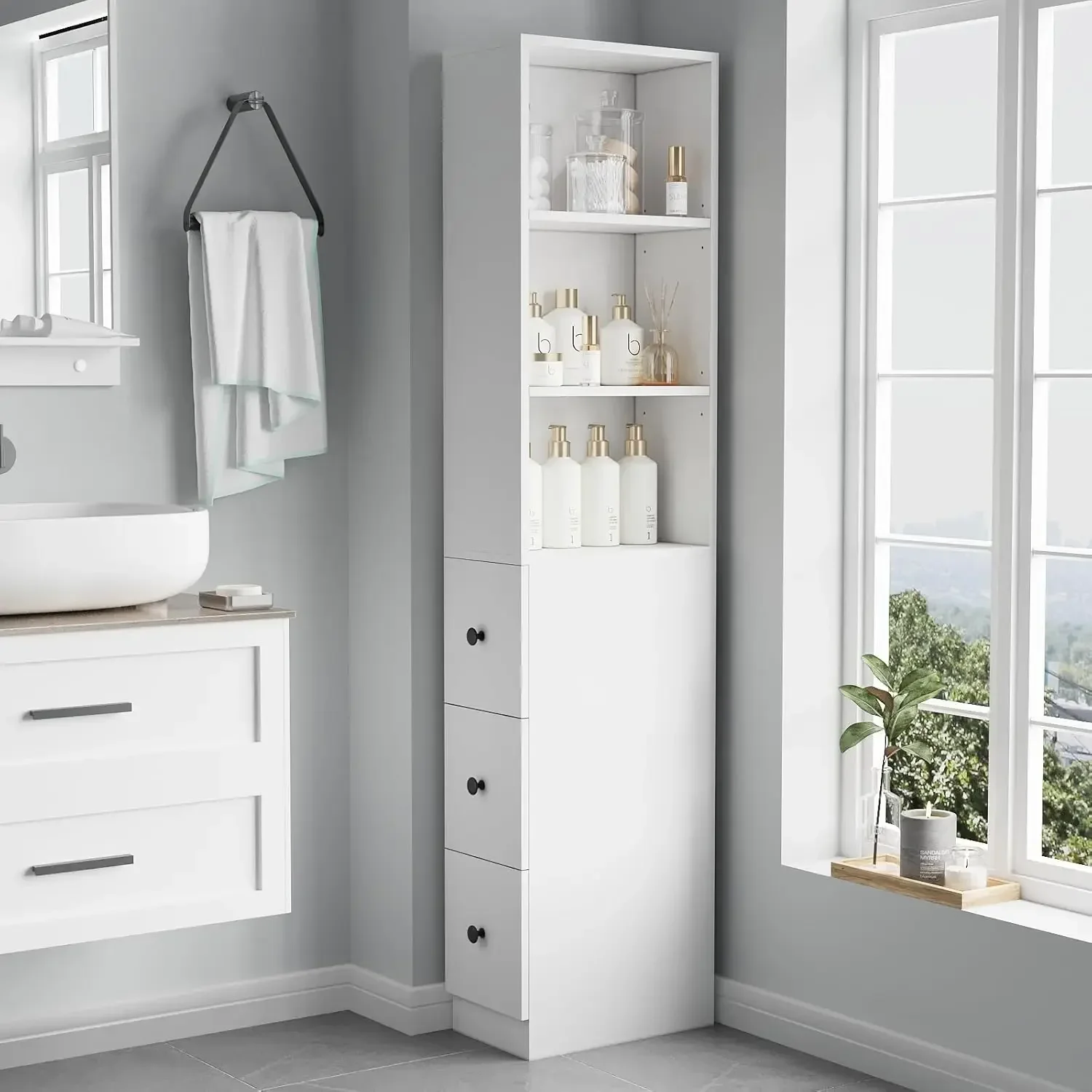 Storage Cabinet Tall Narrow Bathroom Organizer with 3-Level Adjustable Shelves Slim Free Standing Space Saver for Living Room ,