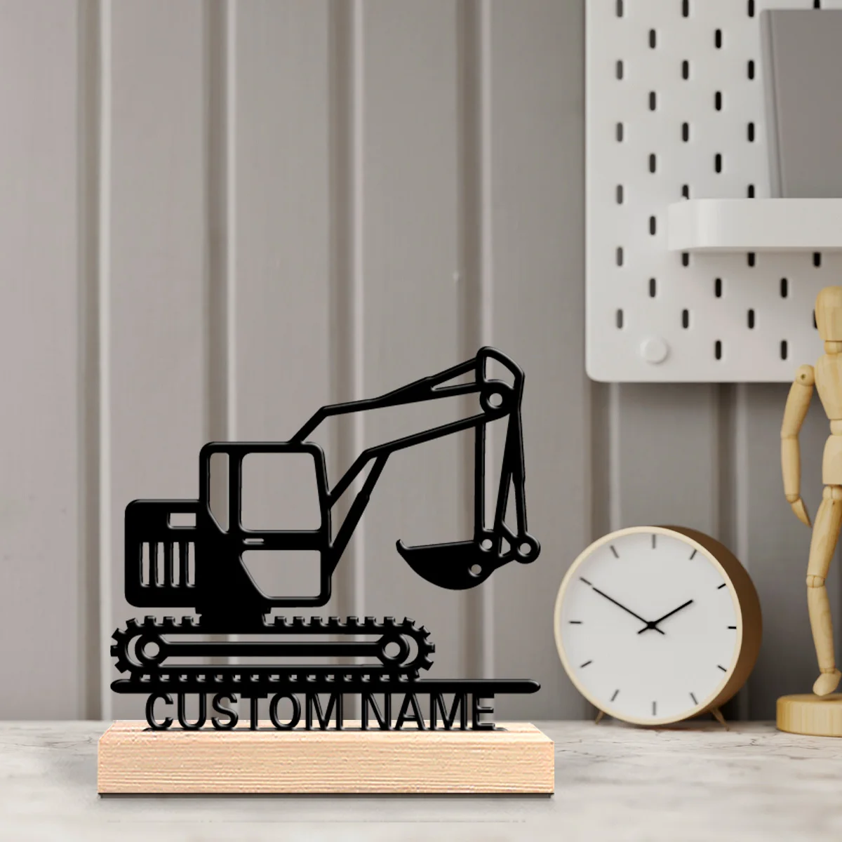 1pc Modern excavator Custom Name Art Crafts With Wood Base Tin Sculpture For Bedroom Desk Decor