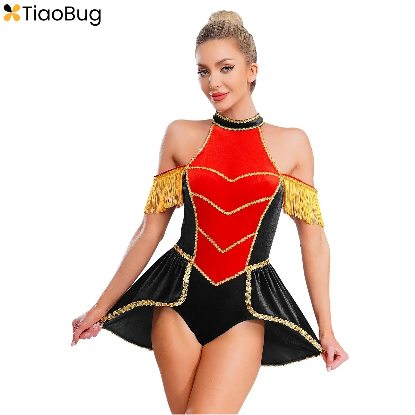 

Women's Circus Honor Guard Cosplay Bodysuit Velvet Tassel Gold Trim Swallowtail One-piece Jumpsuit for Halloween Party Costume