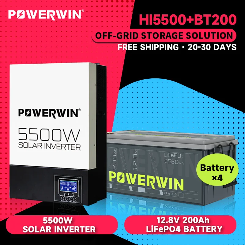 

POWERWIN BT200 LifePO4 12V 200Ah/2560Wh Hybrid Solar HI5500 5500W 48V Pure Sine Wave Off-grid LCD 48V Battery 100A MPPT