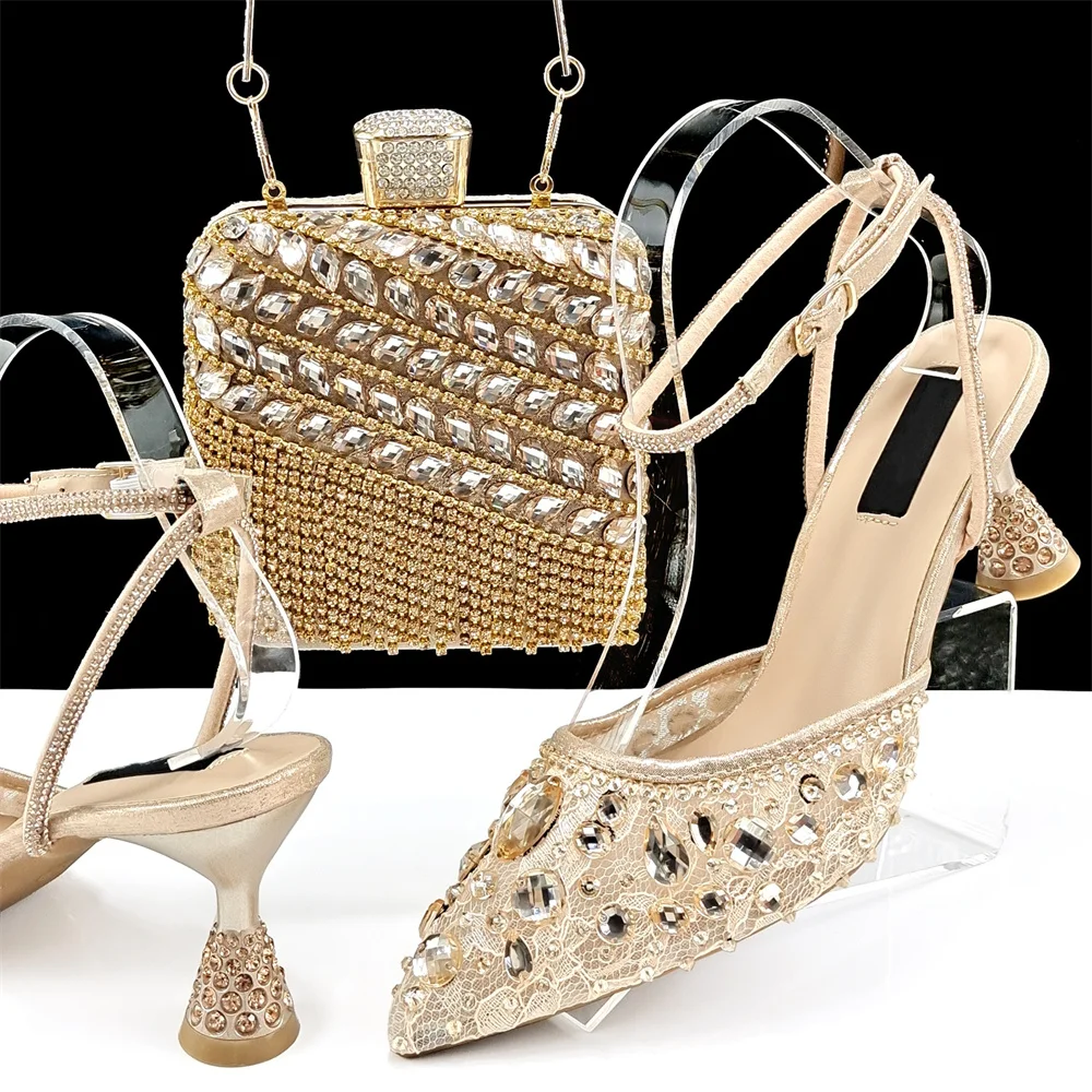 Latest Style Summer Rhinestone Women Shoes And Bag Set Nigerian Desgin Ladies High Heels Shoes And Bag Set For Wedding Party