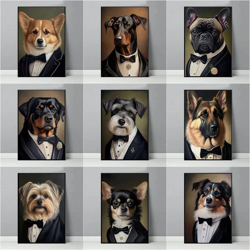 Portrait of A Dog in A Tuxedo Posters Husky Schnauzer Rottweiler Golden Retriever Canvas Painting Wall Art Picture Home Decor