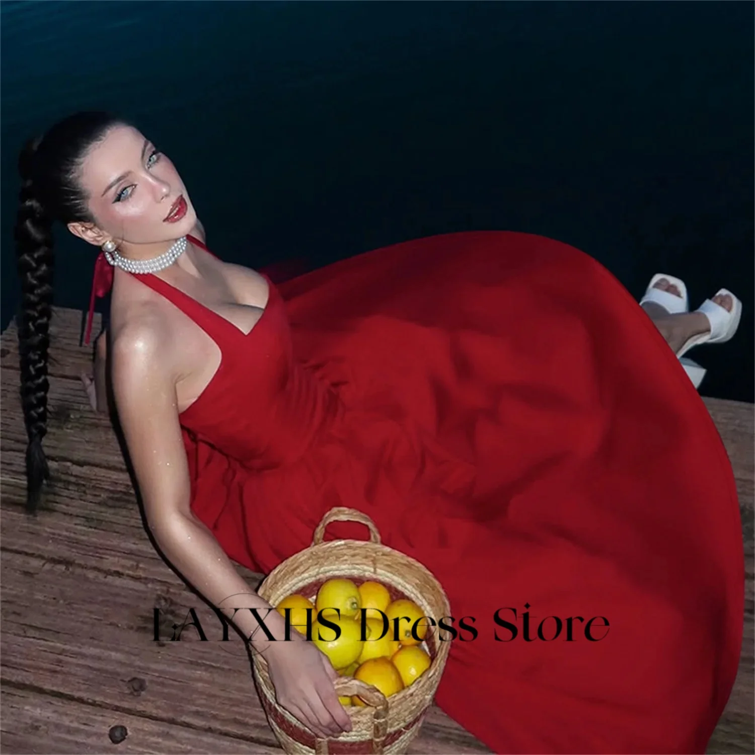 LAYXHS Sexy Vermelho Halter Vestidos de Noite Backless A Linha de Tule Chá-Comprimento Vestidos de Baile Formais Personalizados فساتmaveraات