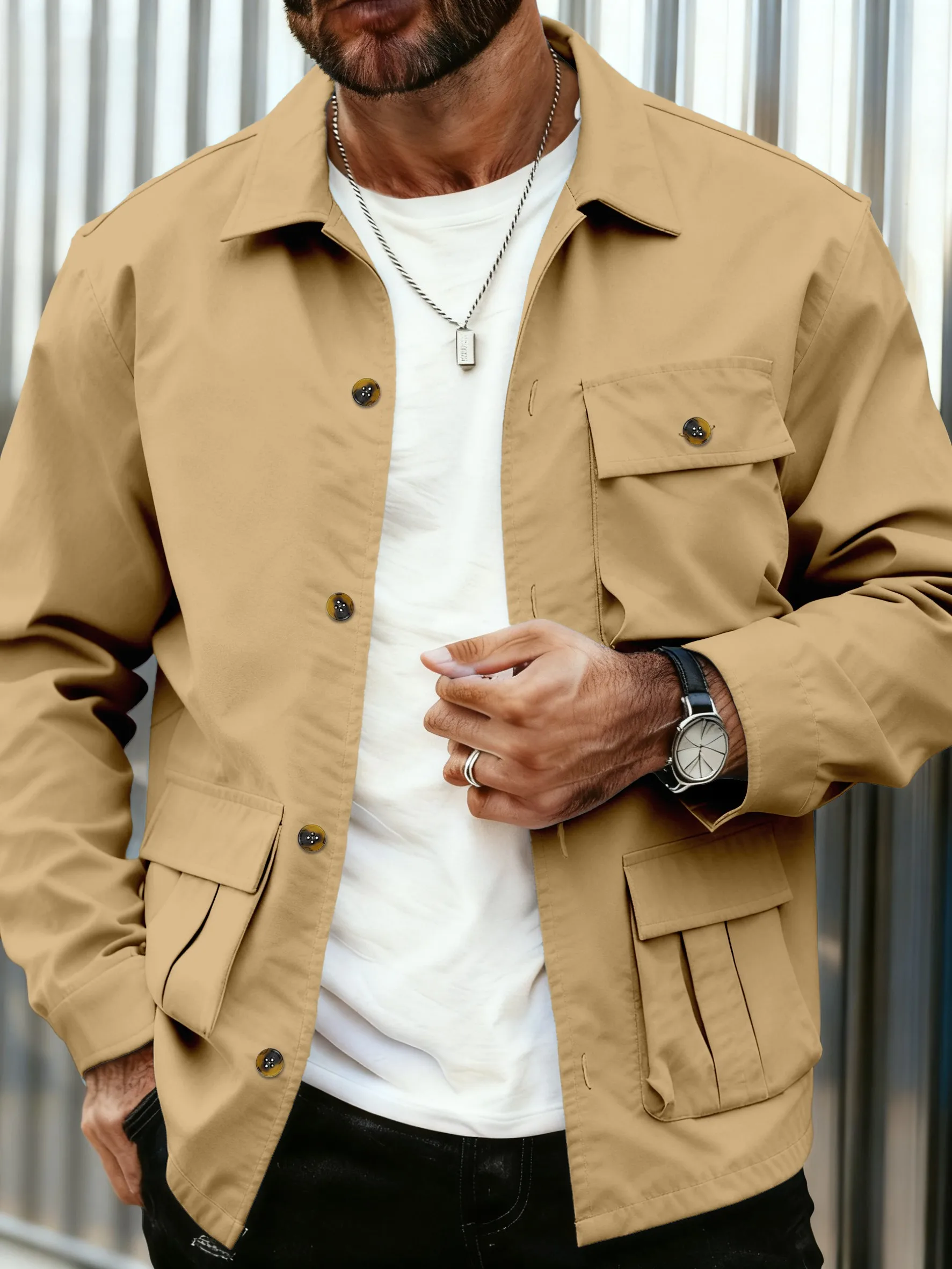 Picture 3: Men's Spring Autumn Workwear Jacket with Multiple Pockets Casual Pilot Open Cardigan Button Large Pocket Outerwear
