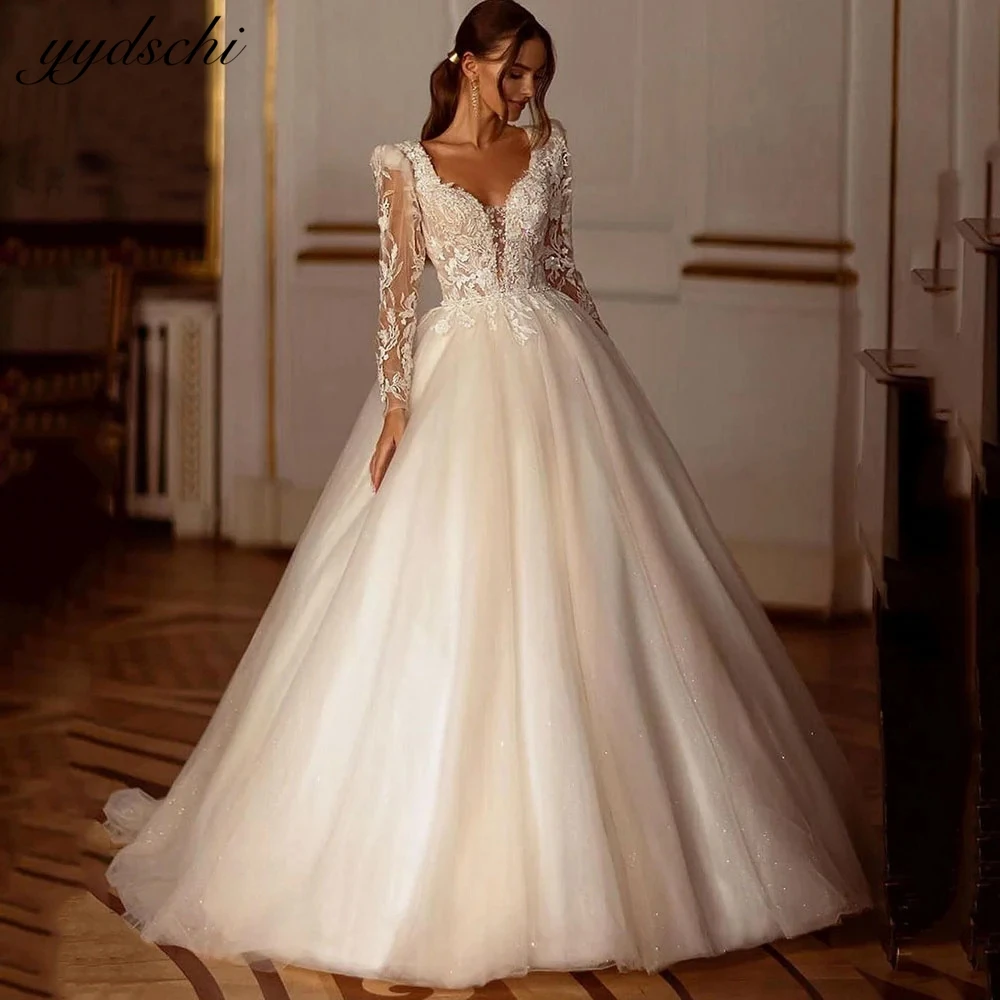 Customized Backless Appliques V-Neck Tulle Long Sleeves A-Line Wedding Dresses For Woman 2024 Bridal Gowns vestidos de novia