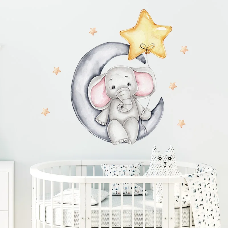 Cartoon Animal Wall Decals Bunny Elephant Moon Wall Stickers for Baby Boy Bedroom Baby Girl Room Decoration Kids Room Wallpaper