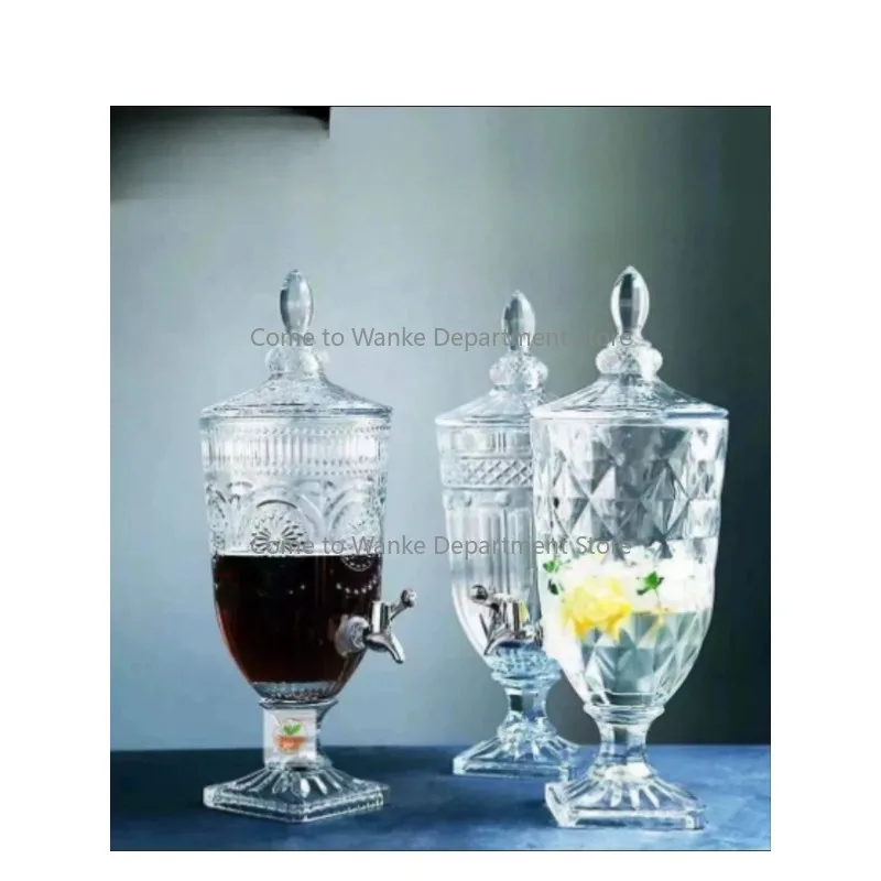 

Glass juice jug with lid and tap embossed soda bottle