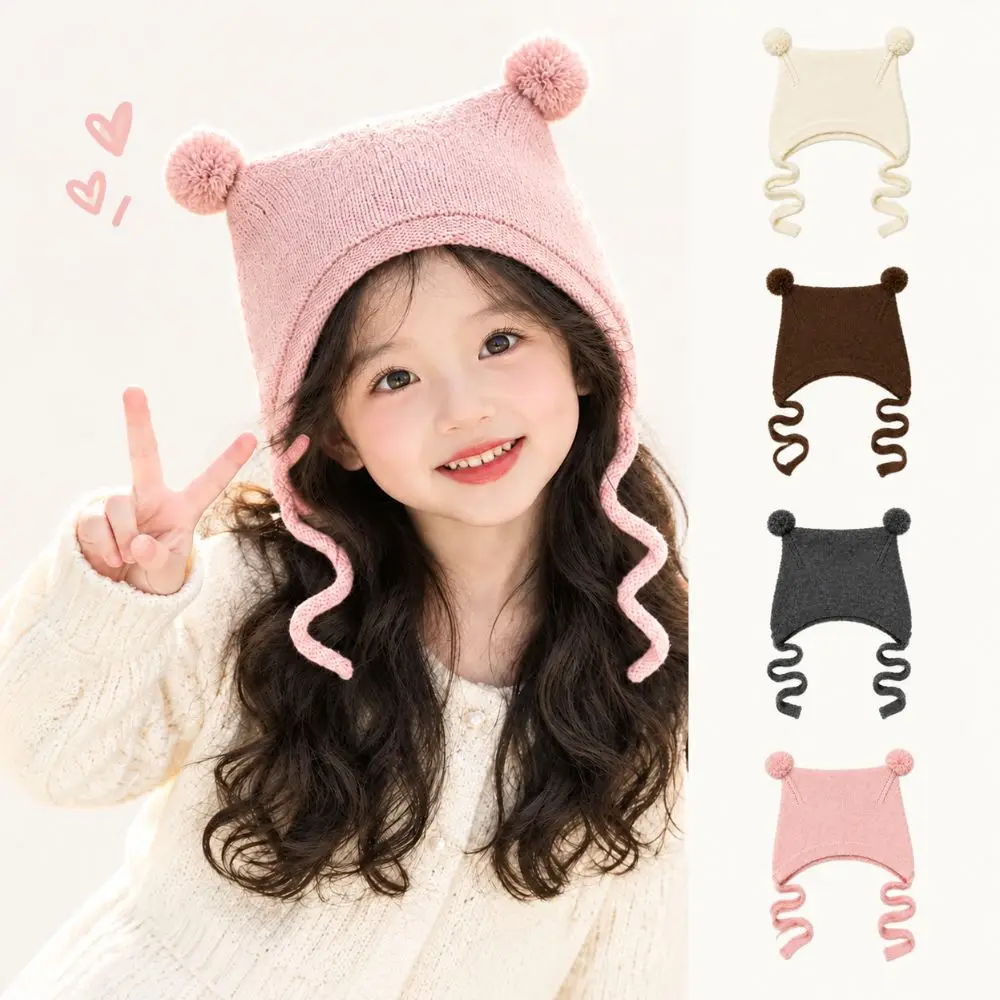 Soft Windproof Kids Knitted Hat Korean Style Double Ball Beanie cap Solid Color Toddler Lacing Cap Autumn