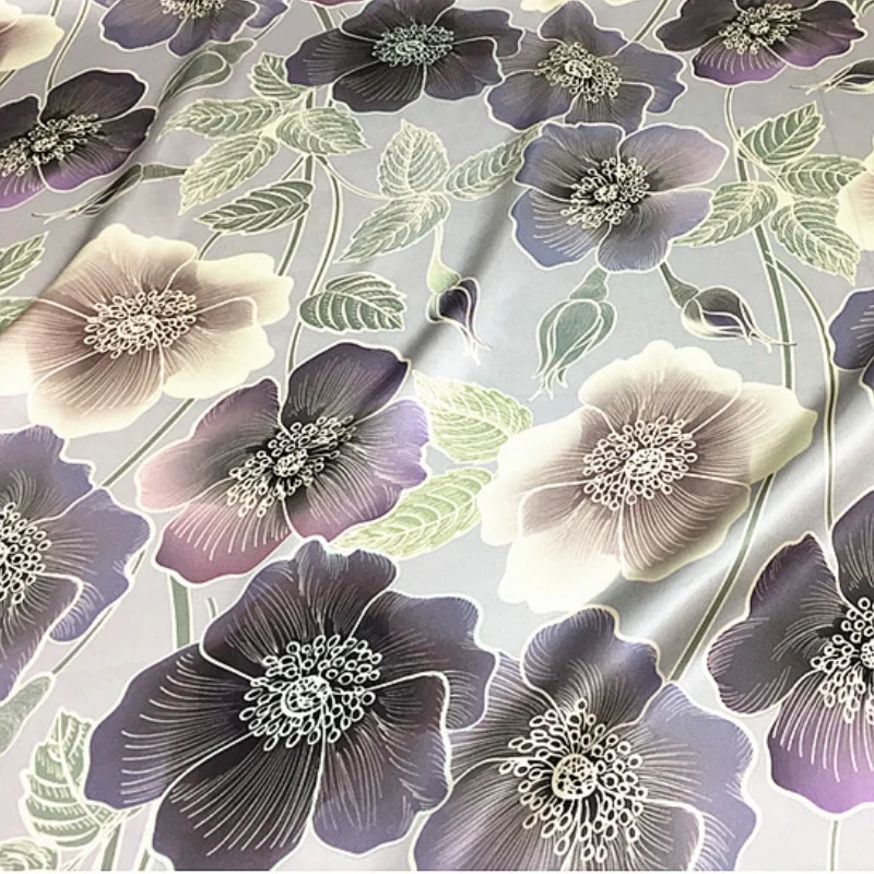 

1 метр, 100% шелковый шелк, 16 мамме, шелковая ткань Charmeuse, серая, с большим цветочным принтом, ширина 160 см, 63 дюйма, по дворам, XL103