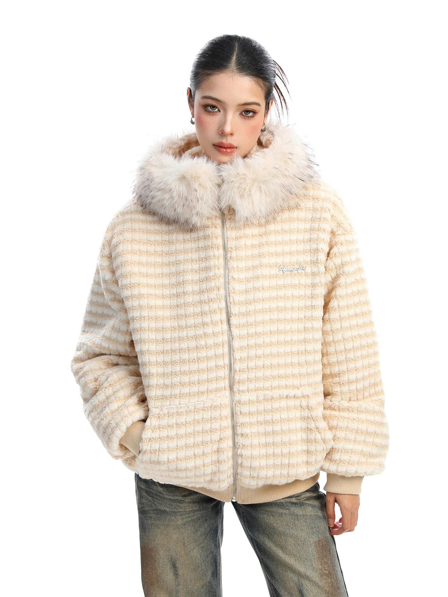 

Утепленная женская куртка из овечьего вельвета с капюшоном, хлопковое пальто со съемным меховым воротником, в полоску, в стиле стритстайл, зимняя верхняя одежда