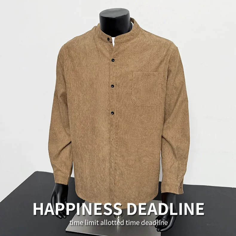 

Весенне-осенняя новая мужская однотонная рубашка с воротником-стойкой, сезонный свободный топ с короткими рукавами