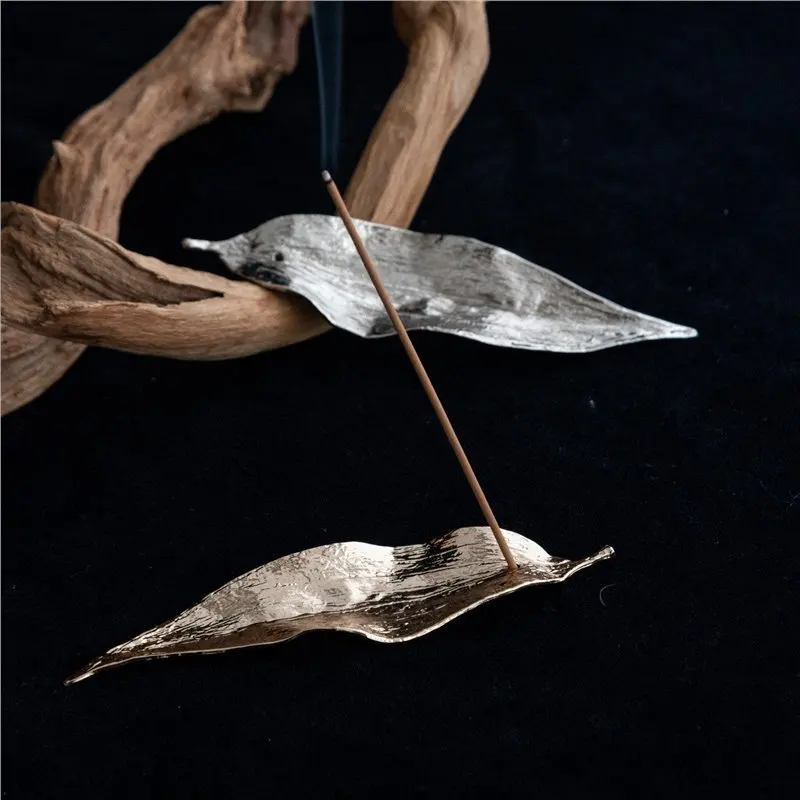 Retro metal leaf incense tray ornament, gold and silver Zen incense seat creativity, incense plate