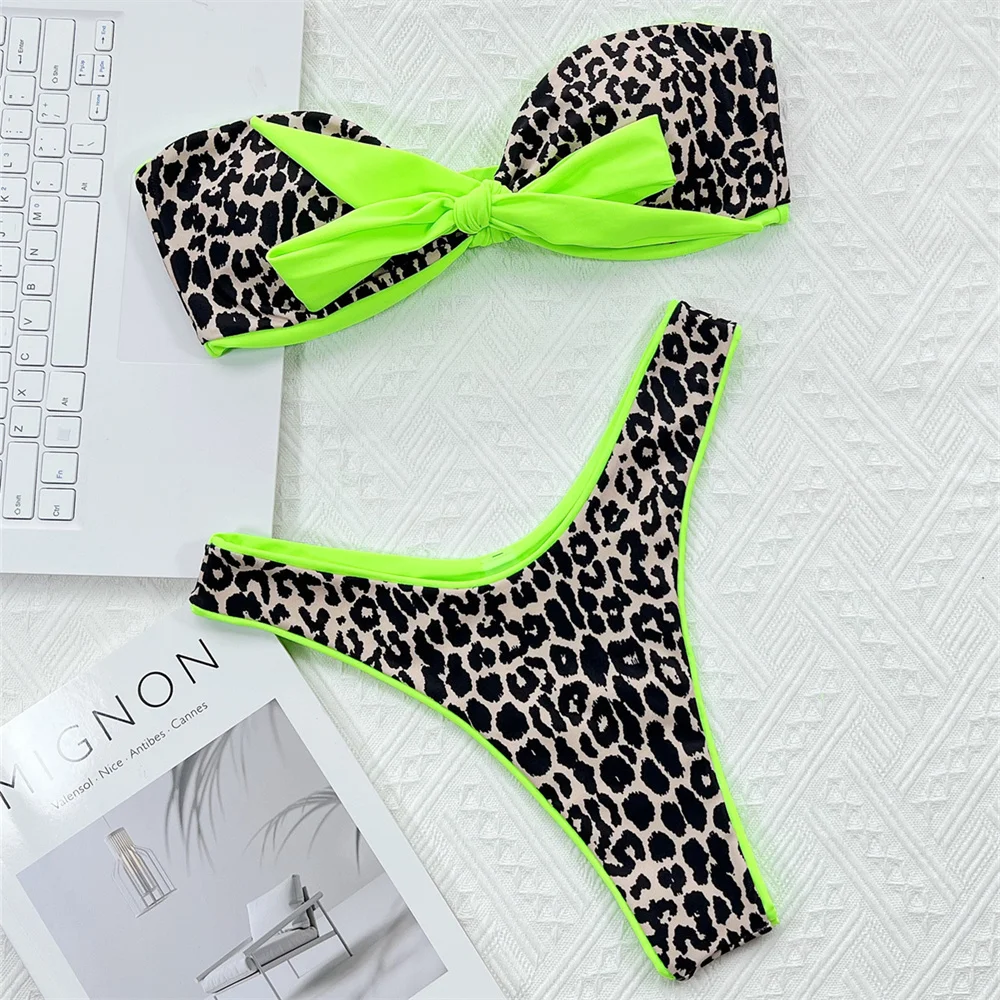 Sexy Leopard Bikini Knotted Bandeau Swimsuit Women Backless Vacation Swimwears Patchwork Y2K Beach Outfits Bathing Swimming Suit