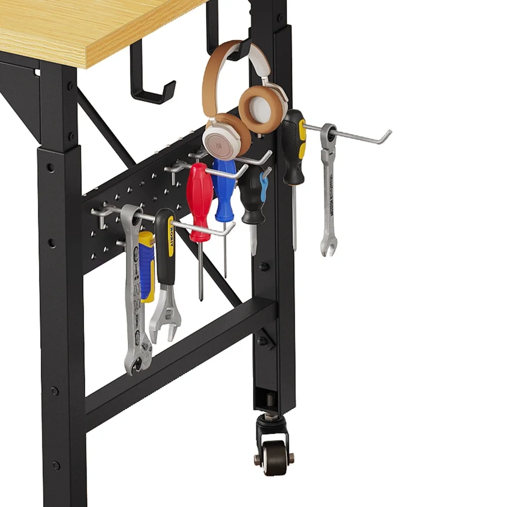 Multifunctional Heavy-Duty Workbench with Wheels Pegboard Power Outlets Adjustable Height 2000lbs Capacity Garage Workshop Tool