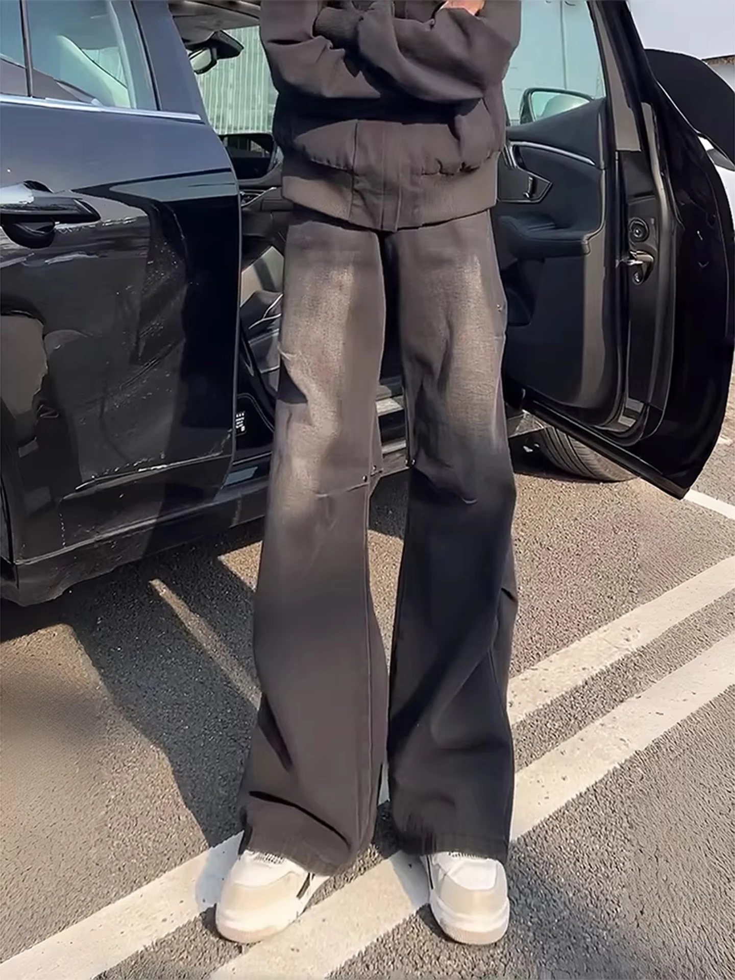 

Bla Men's Folded Jeans Spring American High Street Waed Design Straight Leg Micro Flared Pants Rivet mid Waist Jeans