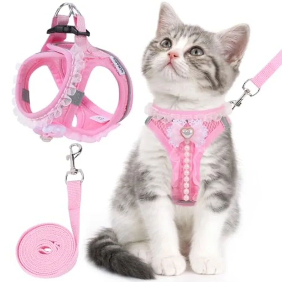 

Cat Harness and Leash Set, Escape Proof Adjustable Kitten Harness with Cute Pink Bow, Breathable Reflective Strips Harness for