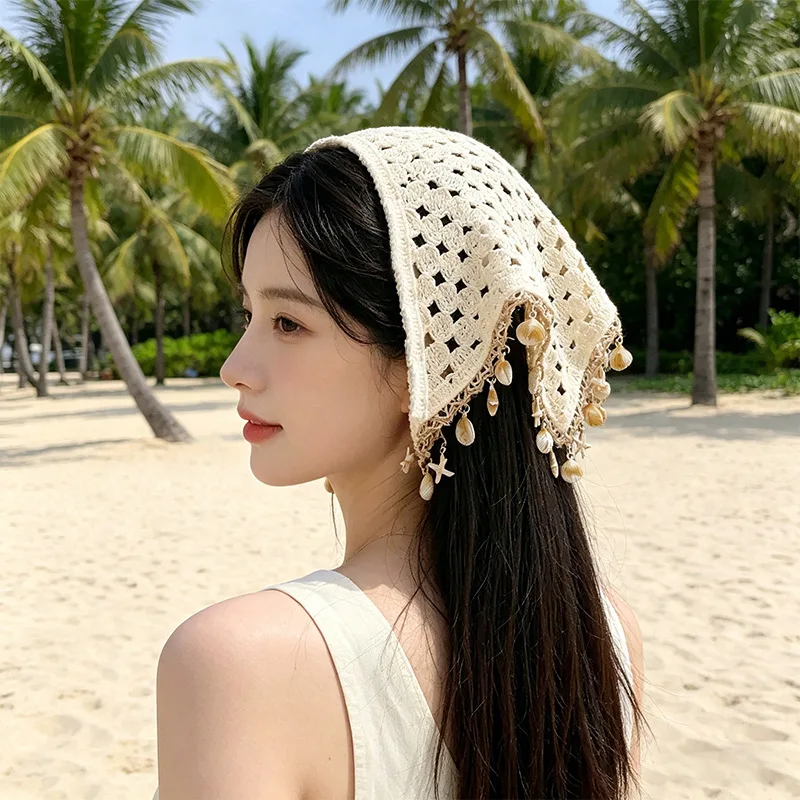 2PCS Girls Hollow Out Boho Beige Crochet Bandana Headband with Shell Starfish Tassel Fringe Edge Beach Holiday Head Wrap view 2