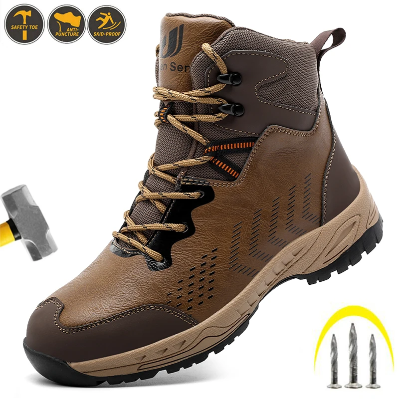 

High Cut Leather Safety Work Boots Steel Toe Anti-Puncture Waterproof Anti Slip Industrial Construction Shoes