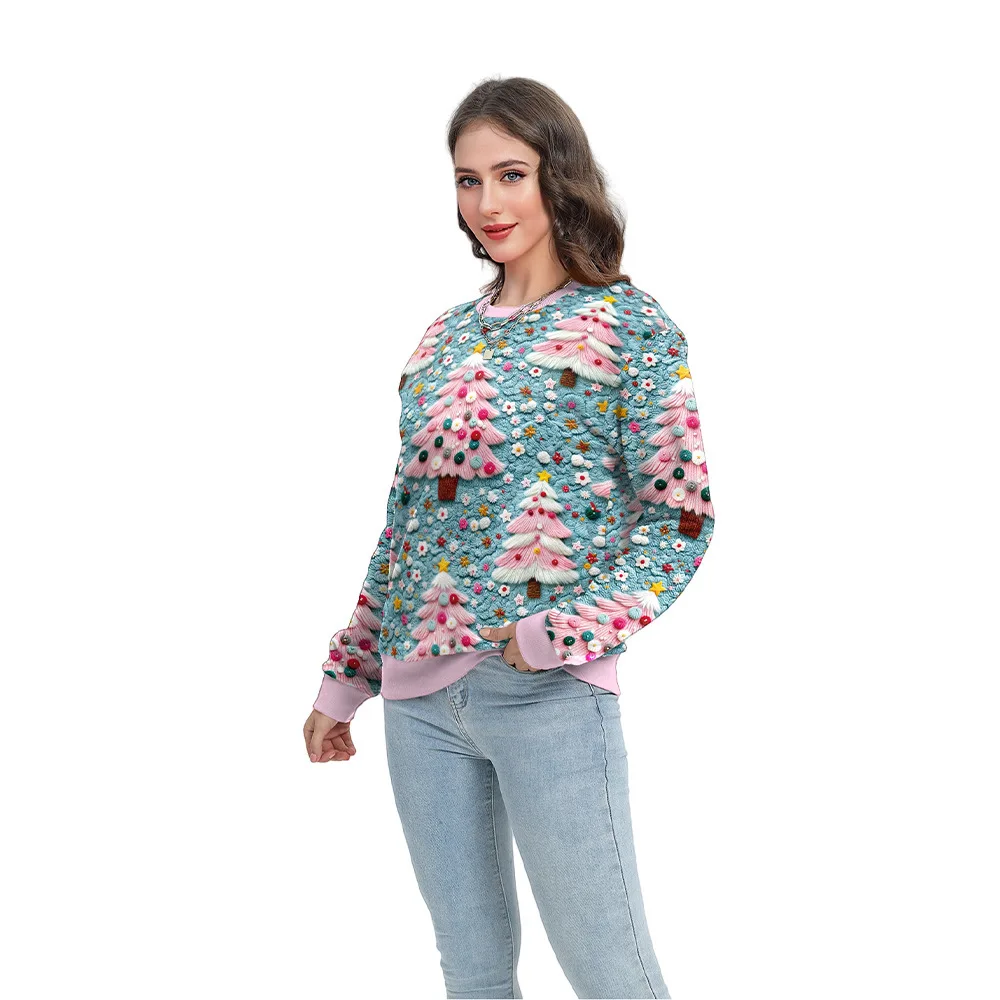 Men Women Couples Matching Crew Neck Full Print Santa Christmas Knit Look Long Sleeve Sweatshirt Multi Pattern Casual Pullover