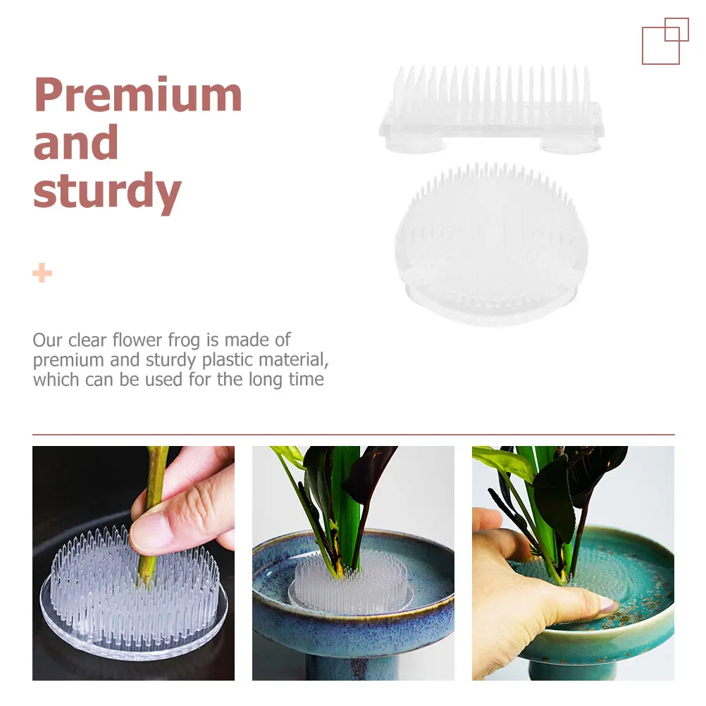 

2pcs Clear Flower Arrangement Mountain Base Premium Plastic Reusable Holder Pin Frog Sturdy Long Pin Easy Use Invisible